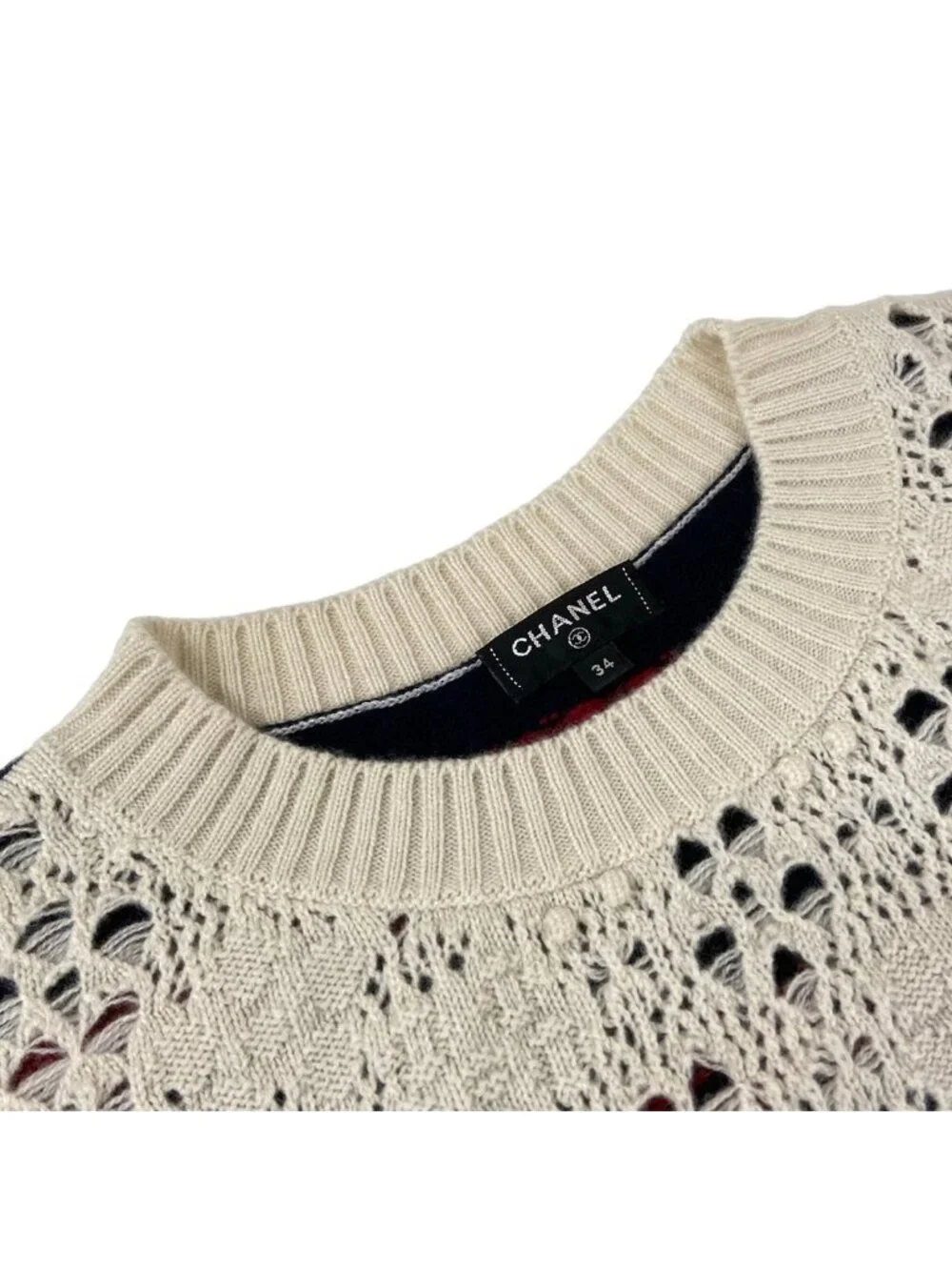 Chanel Long Sleeve Sweater S White Navy Red Cashmere
